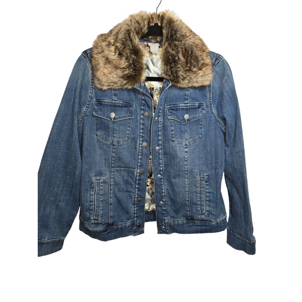 Chicos Denim Removable Fur Collar Jacket Size 1 R Pristine MSRP $195